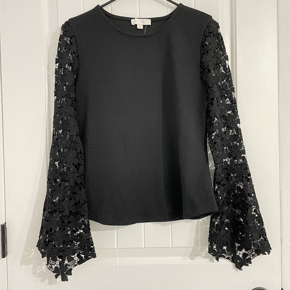 NWT Anthropologie Eri + Ali Black Long Lace Sleeves Top